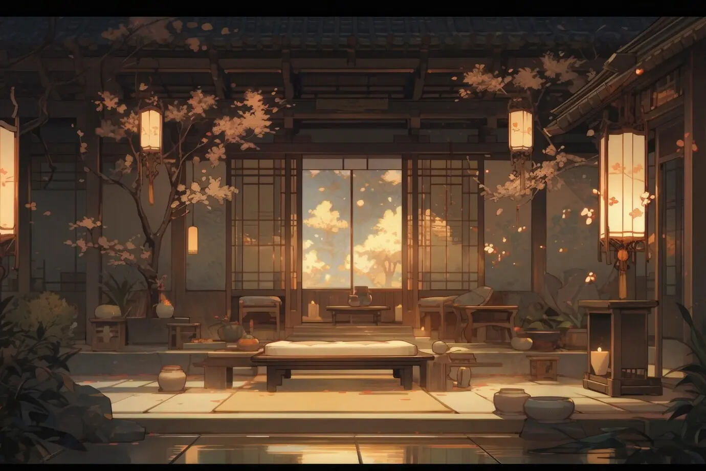 Gemütliches Wohninterieur im Anime-Stil mit Einrichtung.