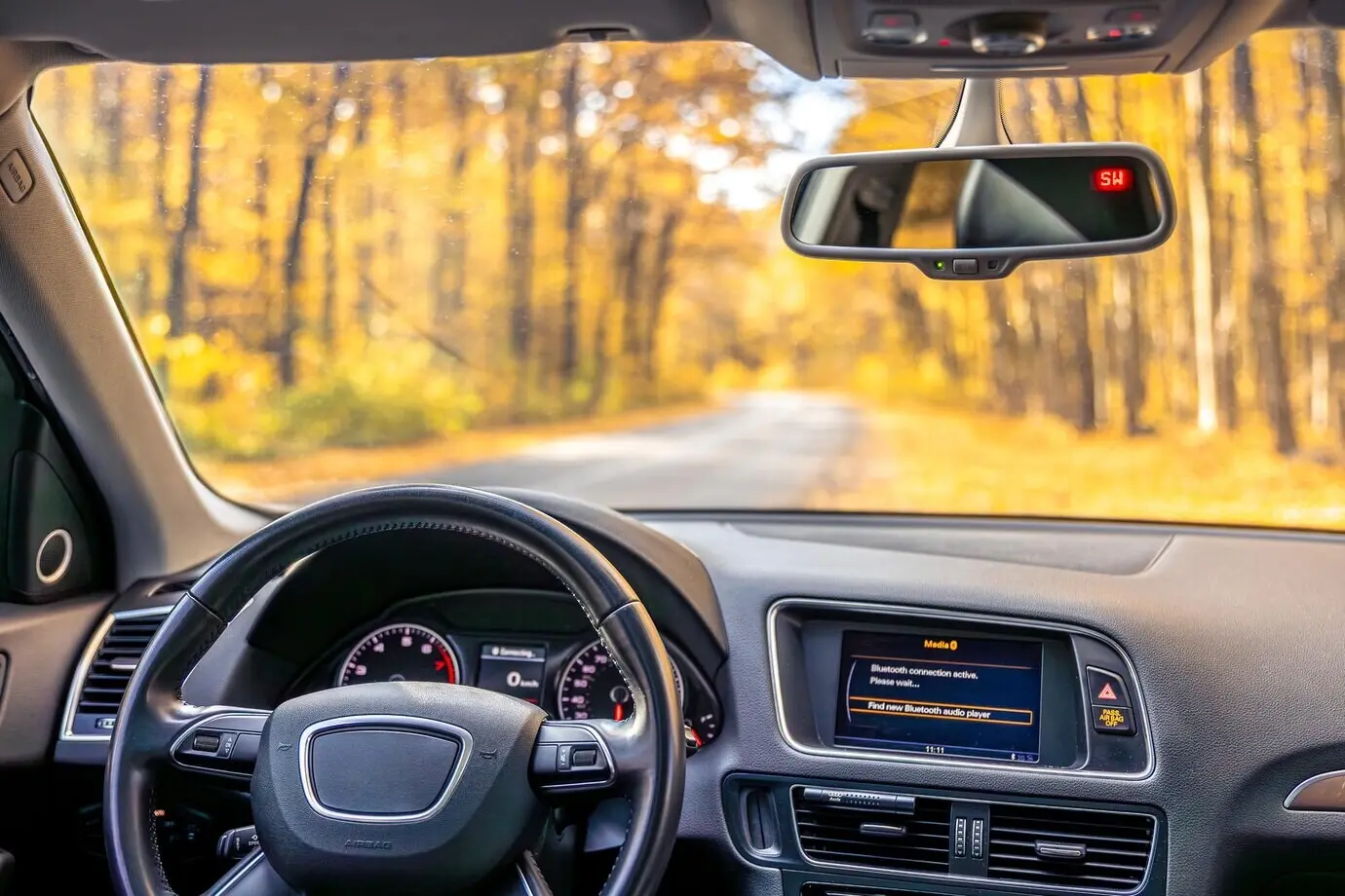 Ansicht von innen: Lenkrad und Innenraum des Autos.