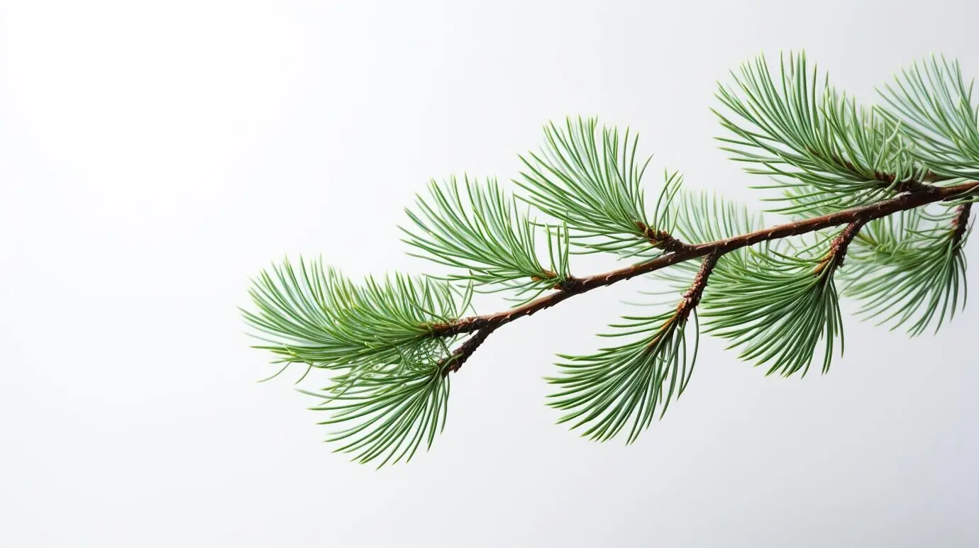 Ein grüner Kiefernzweig vor weißem Hintergrund.